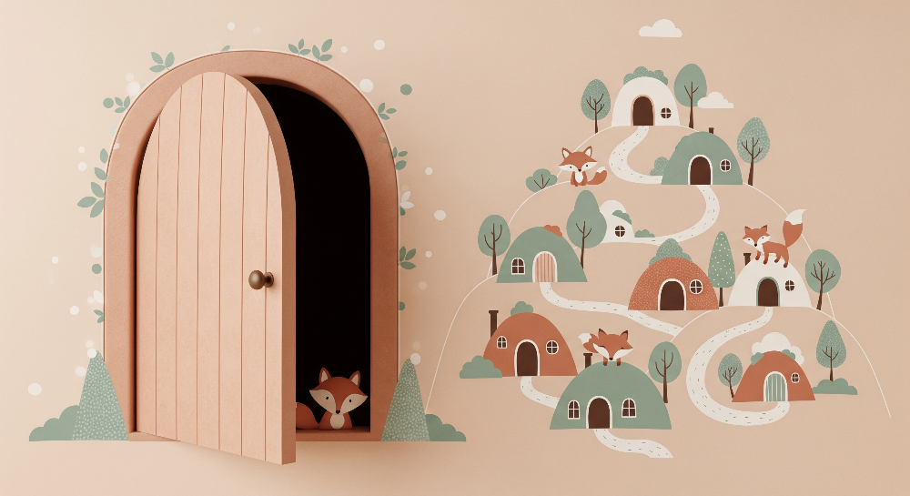 Kids-Mundo flat artwork preview of the fox village door and hillside homes wall mural