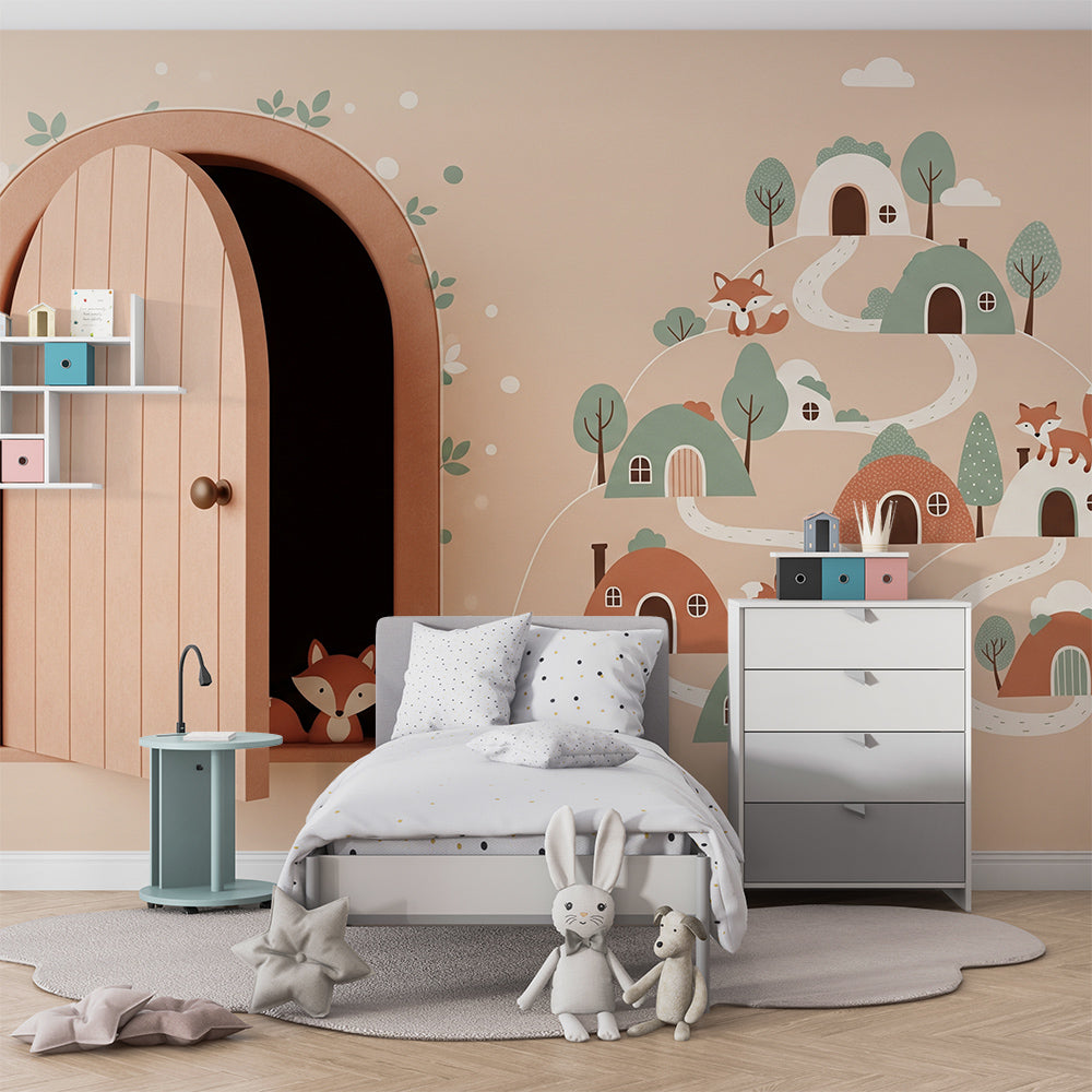 Kids-Mundo whimsical fox village door mural brightening a child's playroom wall