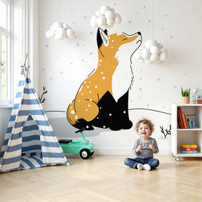 Fox winter mural wallpaper in cozy nursery with wooden crib and snowy forest scene by Kids-Mundo