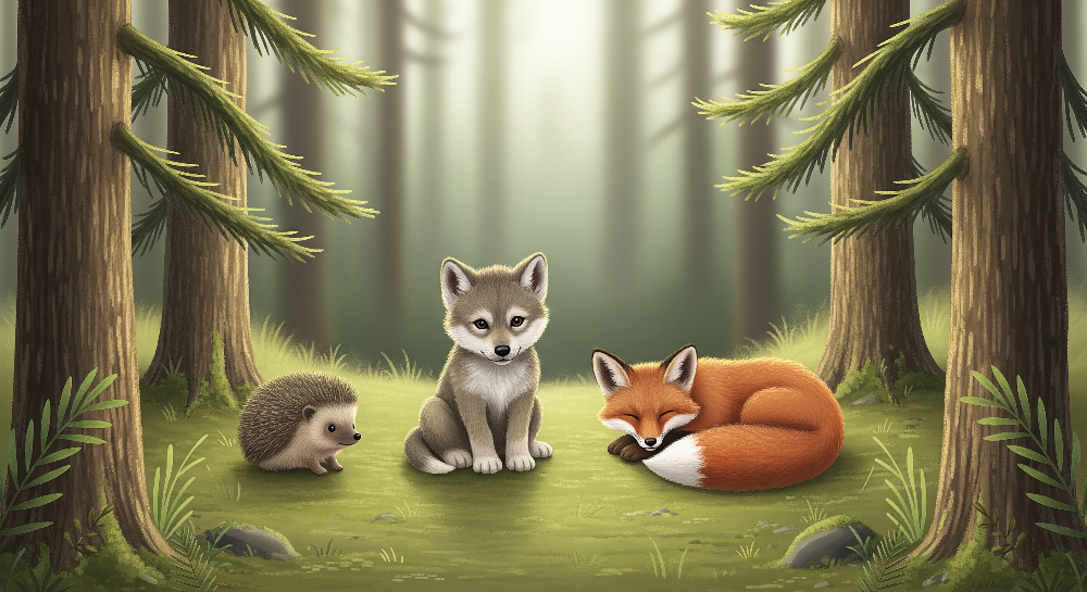 Fox, Wolf Cub and Hedgehog Woodland Wall Mural