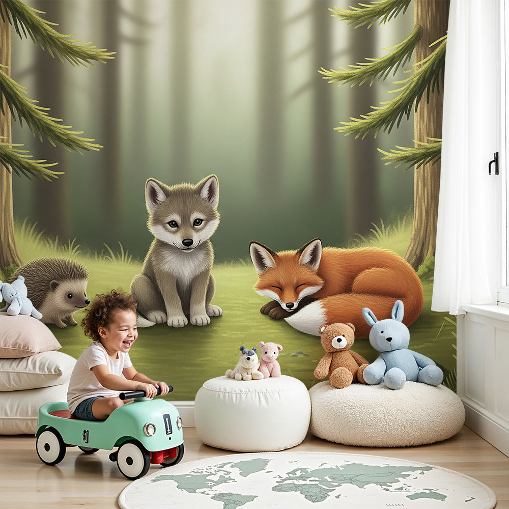 Kids-Mundo fox, wolf cub and hedgehog wall mural styled in a calm, muted nursery