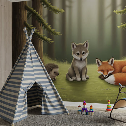 Kids-Mundo fox and wolf cub mural set behind toys in a children's playroom