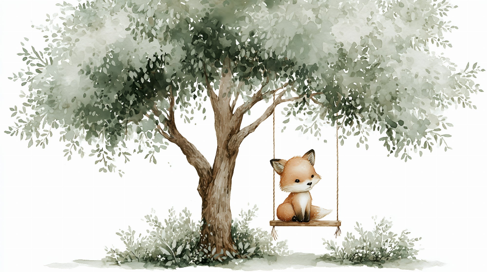 Kids-Mundo fox wall mural artwork showing a little fox sitting on a swing under a green tree