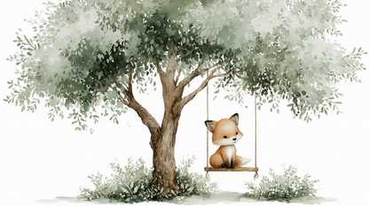 Kids-Mundo fox wall mural artwork showing a little fox sitting on a swing under a green tree