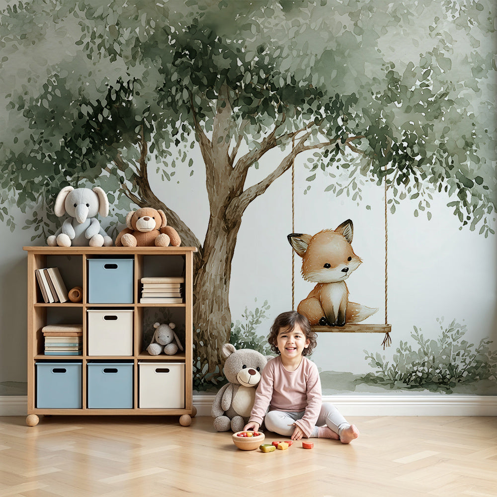 Kids-Mundo fox wall mural with a little fox on a swing printed above a nursery cot