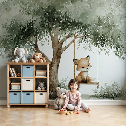Kids-Mundo fox wall mural with a little fox on a swing printed above a nursery cot