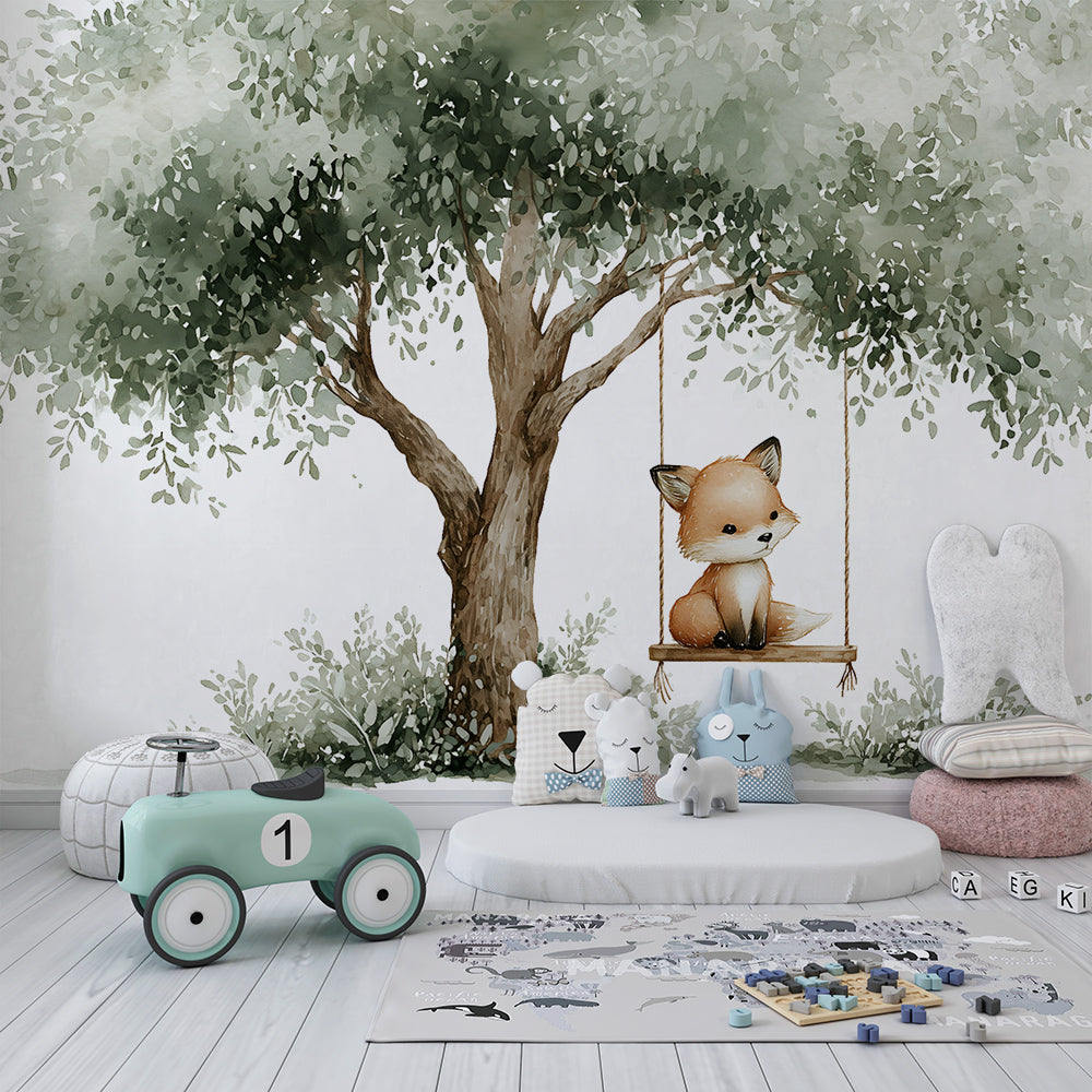 Kids-Mundo fox wall mural adding a gentle watercolour woodland scene to a playroom