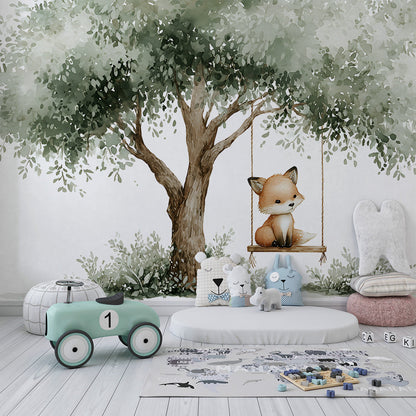 Kids-Mundo fox wall mural adding a gentle watercolour woodland scene to a playroom