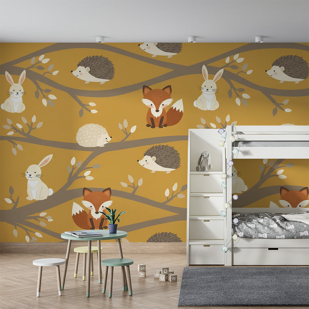 Kids-Mundo fox and woodland animal wall mural covering a wall in a kids bedroom