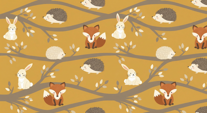 Kids-Mundo flat artwork of foxes, rabbits and hedgehogs along golden branches