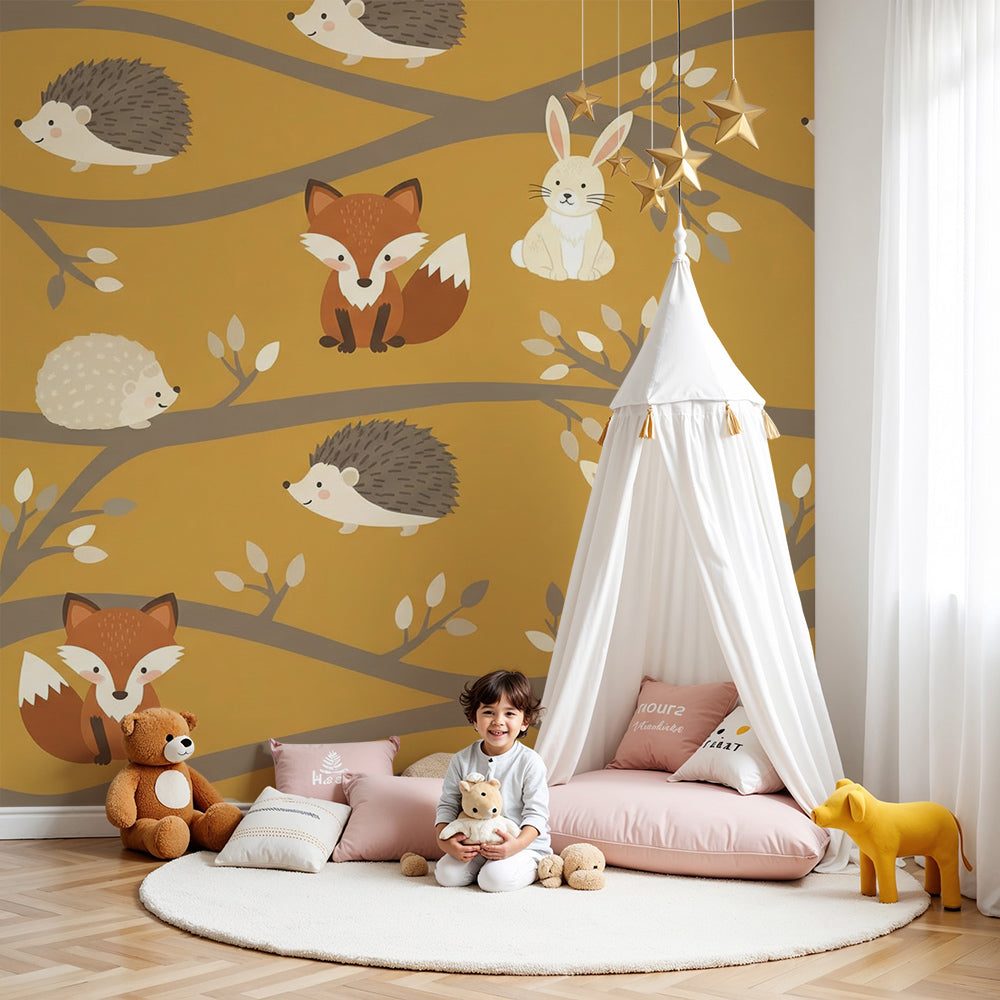 Kids-Mundo fox and woodland animal wall mural styled in a warm nursery with a cot