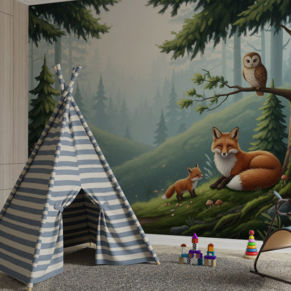 Kids-Mundo fox and owl wall mural bringing a misty woodland glade into a child's bedroom