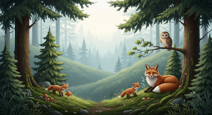 Kids-Mundo flat artwork of two foxes and an owl resting in a misty, mossy enchanted forest