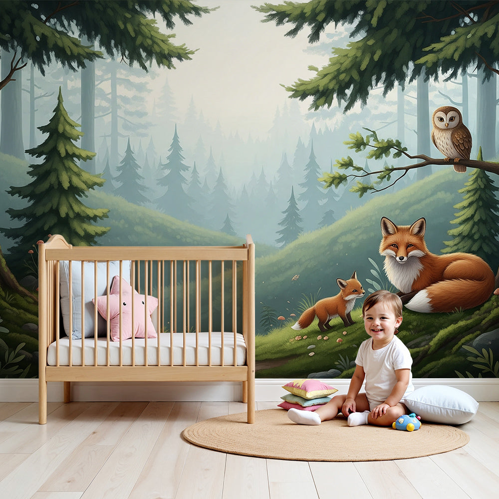 Kids-Mundo enchanted forest mural with resting foxes styled on a nursery wall above a cot