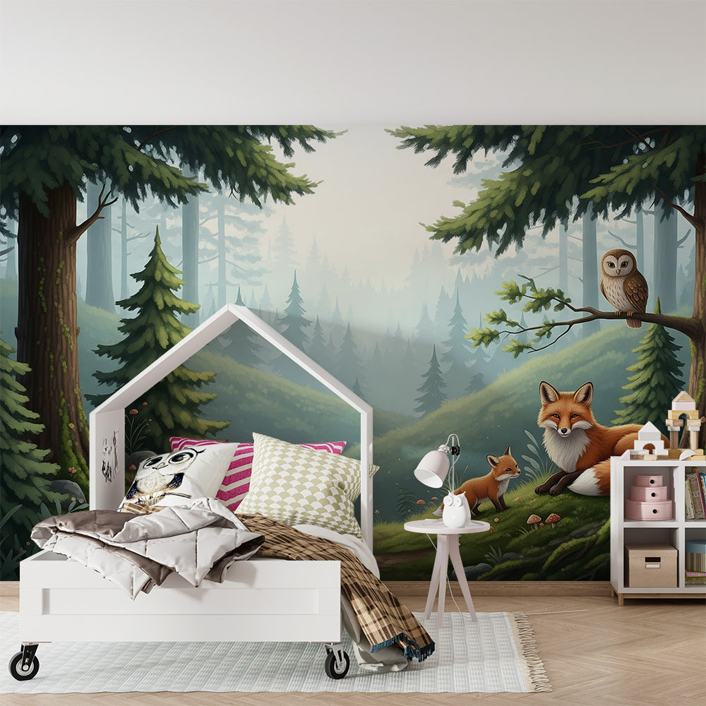 Kids-Mundo mossy forest mural with foxes and an owl set behind play furniture in a playroom