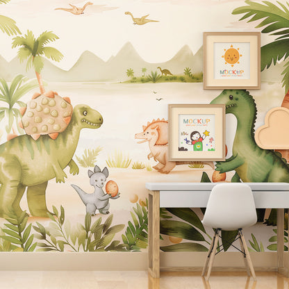 Kids-Mundo friendly dinosaurs beach wall mural featured as a soft feature in a kids bedroom.