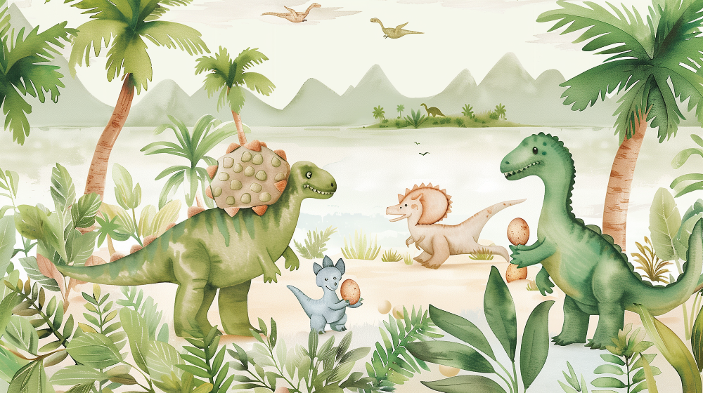 Kids-Mundo flat artwork preview of the complete friendly dinosaurs beach wall mural design.