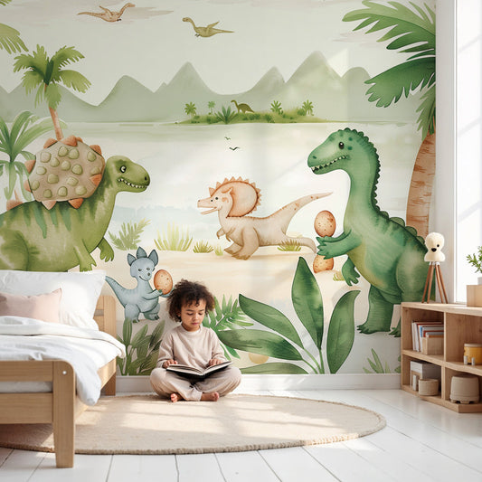 Kids-Mundo friendly dinosaurs beach wall mural styled in a calm, pastel nursery interior.
