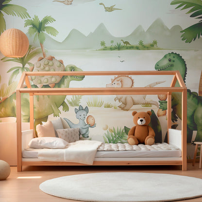Kids-Mundo friendly dinosaurs beach wall mural brightening a gentle children's playroom wall.