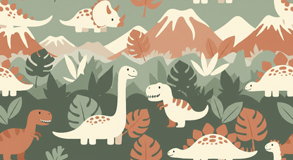 Kids-Mundo flat artwork of friendly dinosaurs roaming a soft mountain jungle landscape