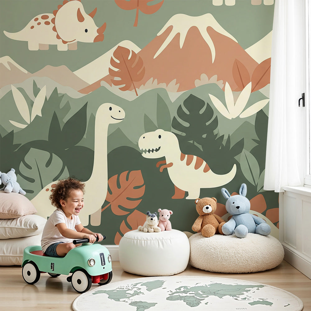 Kids-Mundo dinosaur mountain wall mural styled behind a bed in a child's bedroom