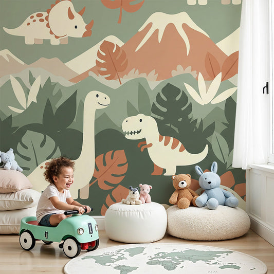 Kids-Mundo dinosaur mountain wall mural styled behind a bed in a child's bedroom