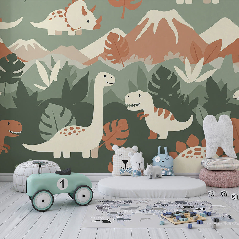 Kids-Mundo dinosaur jungle wall mural set above shelving in a children's playroom