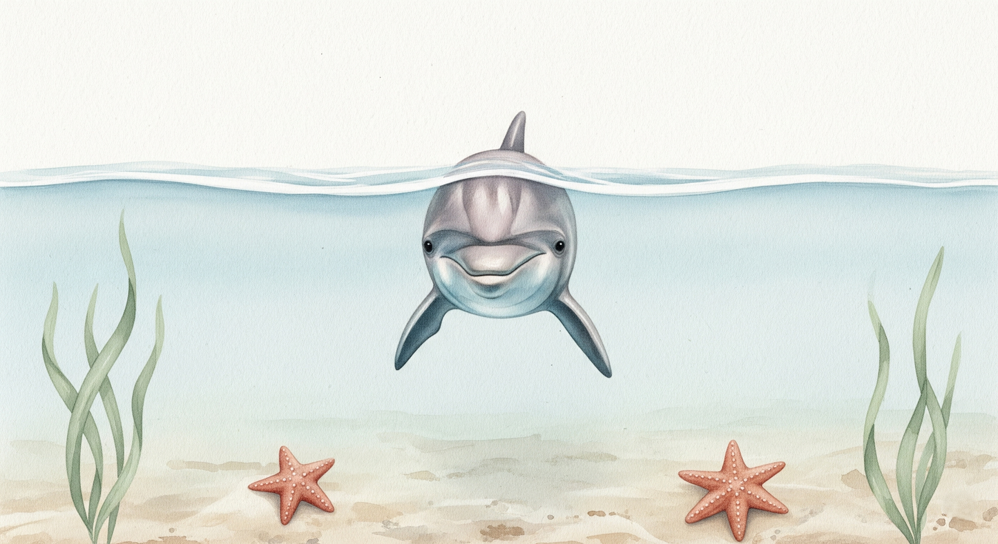 Flat artwork preview of the Kids-Mundo friendly dolphin and starfish wall mural design.