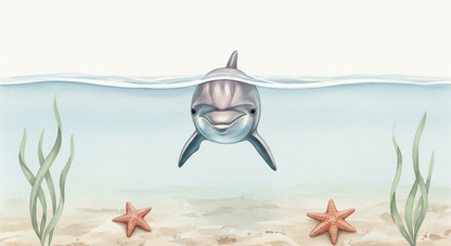 Flat artwork preview of the Kids-Mundo friendly dolphin and starfish wall mural design.