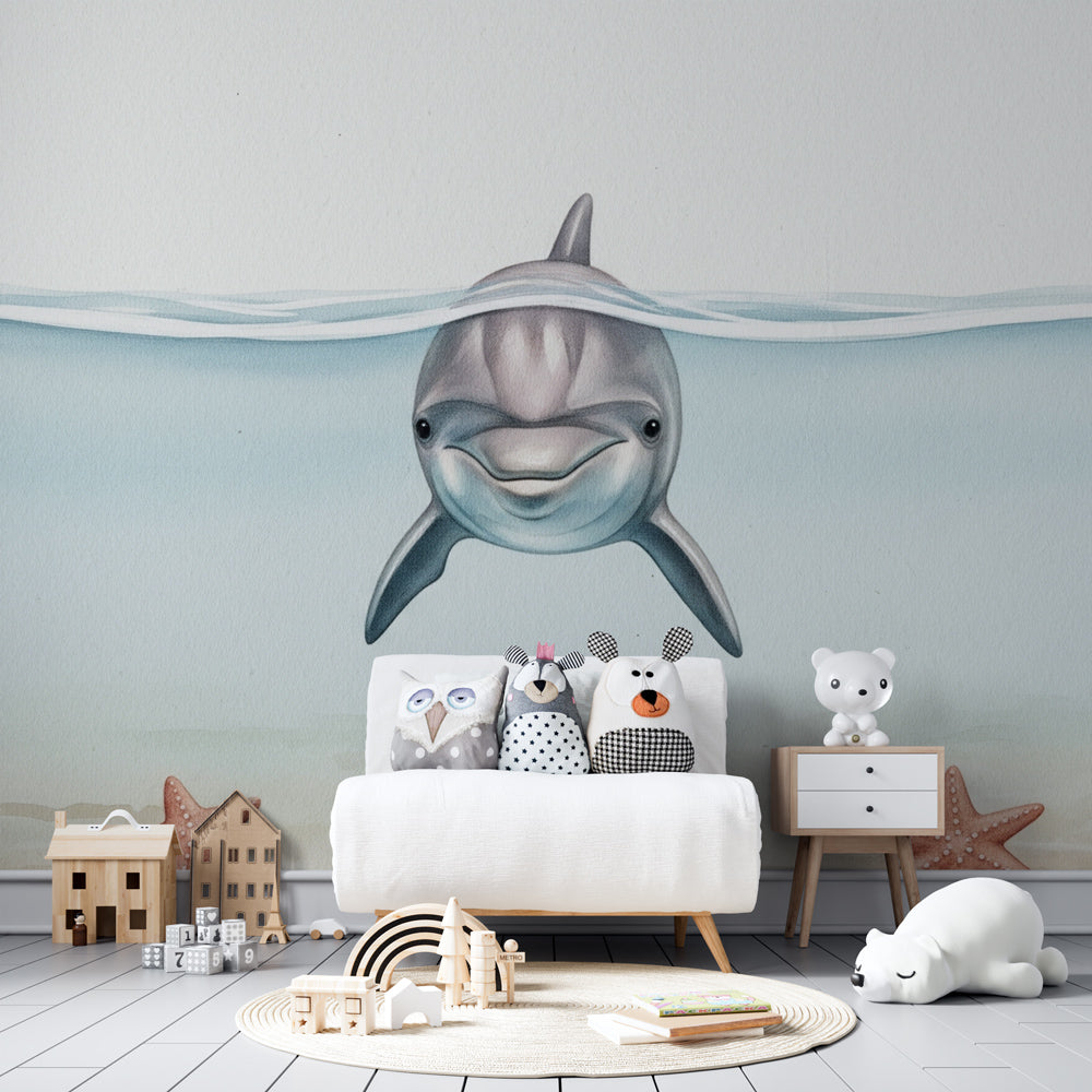 Made-to-measure Kids-Mundo dolphin wall mural adding a playful seaside scene to a playroom wall.