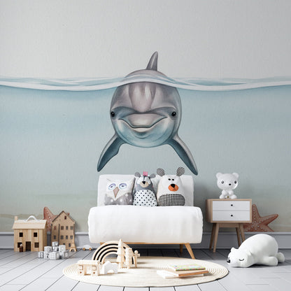 Made-to-measure Kids-Mundo dolphin wall mural adding a playful seaside scene to a playroom wall.