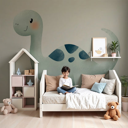 Kids-Mundo friendly green dinosaur wall mural in a soft neutral nursery with a cot and shelving