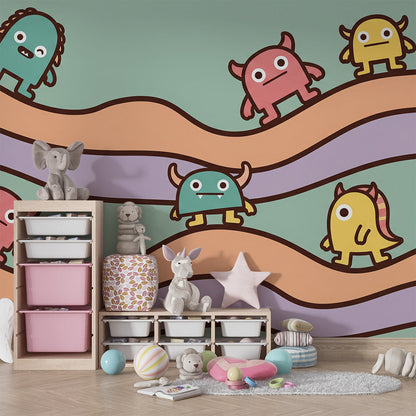 Kids-Mundo monster wall mural covering a feature wall in a lively kids bedroom