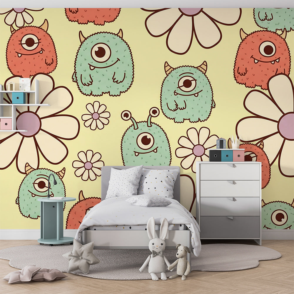 Kids-Mundo monster and daisy wall mural brightening a fun children's playroom.