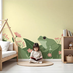 Frog garden mural wallpaper in bright nursery with natural wooden furniture by Kids-Mundo
