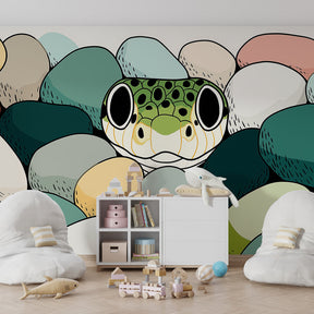 Colorful frog and pebbles mural wallpaper creating whimsical kids bedroom decor atmosphere