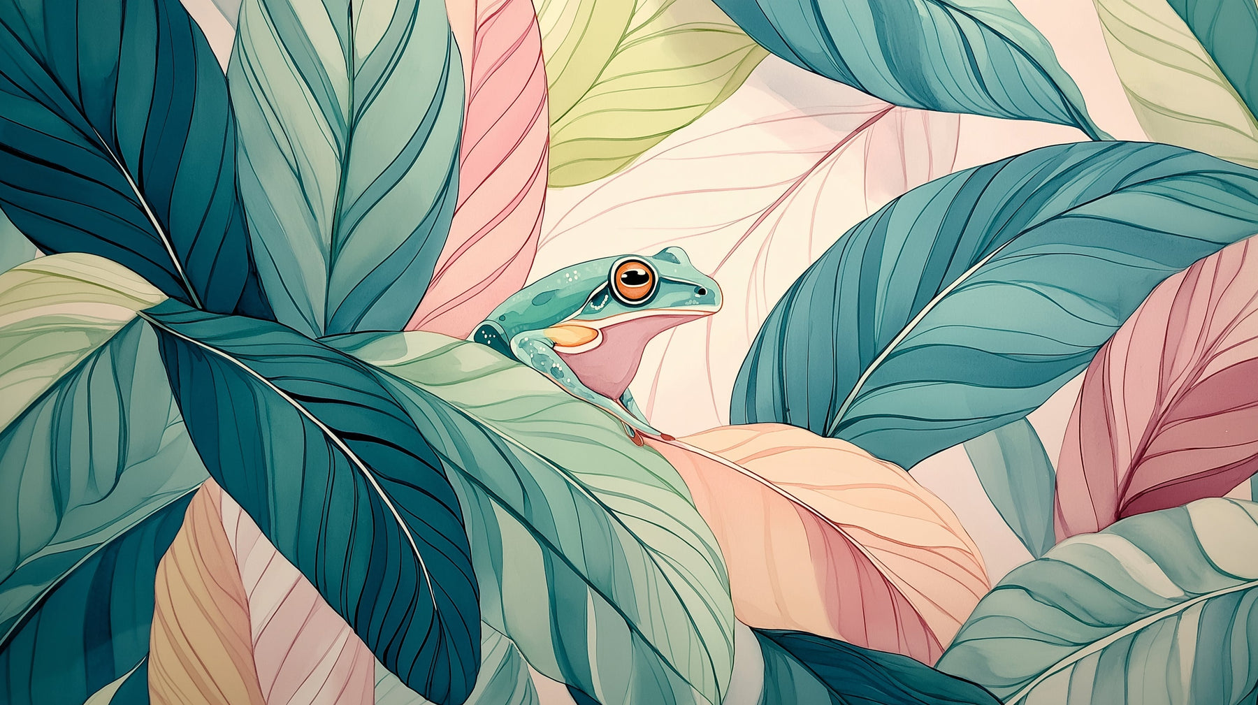 Detailed frog and leaves mural wallpaper design pattern showing botanical illustration by Kids-Mundo