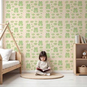 Cheerful frog mural wallpaper with lily pads decorating modern nursery by Kids-Mundo