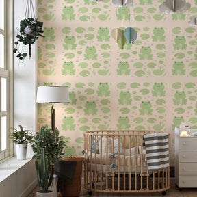 Nature-themed frog wallpaper transforming kids playroom into pond paradise by Kids-Mundo