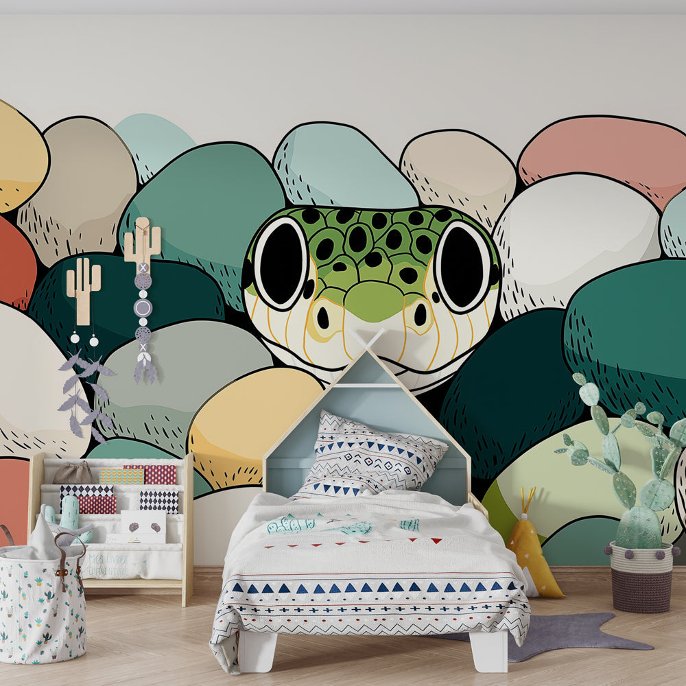 Nature-themed frog wallpaper transforming toddler room with pastel pebble design by Kids-Mundo