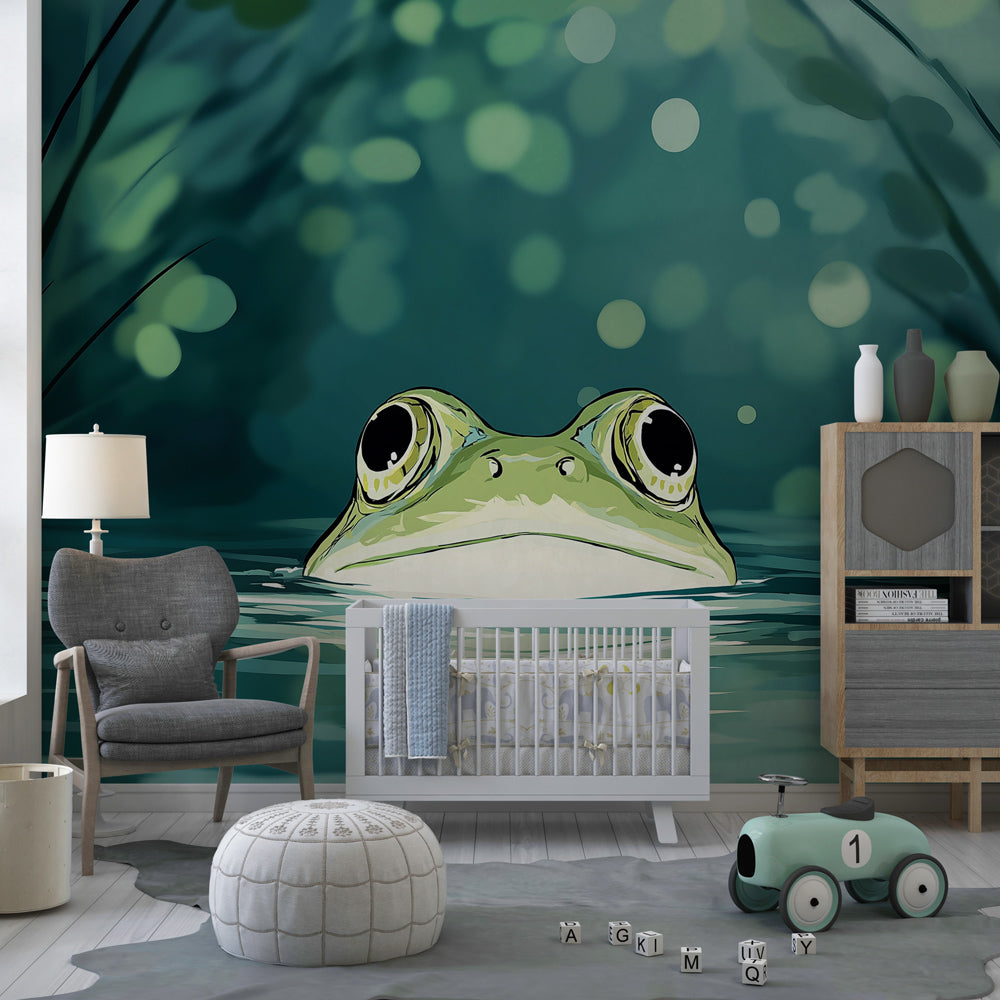 Aquatic frog mural wallpaper creating peaceful atmosphere in children's bedroom decor