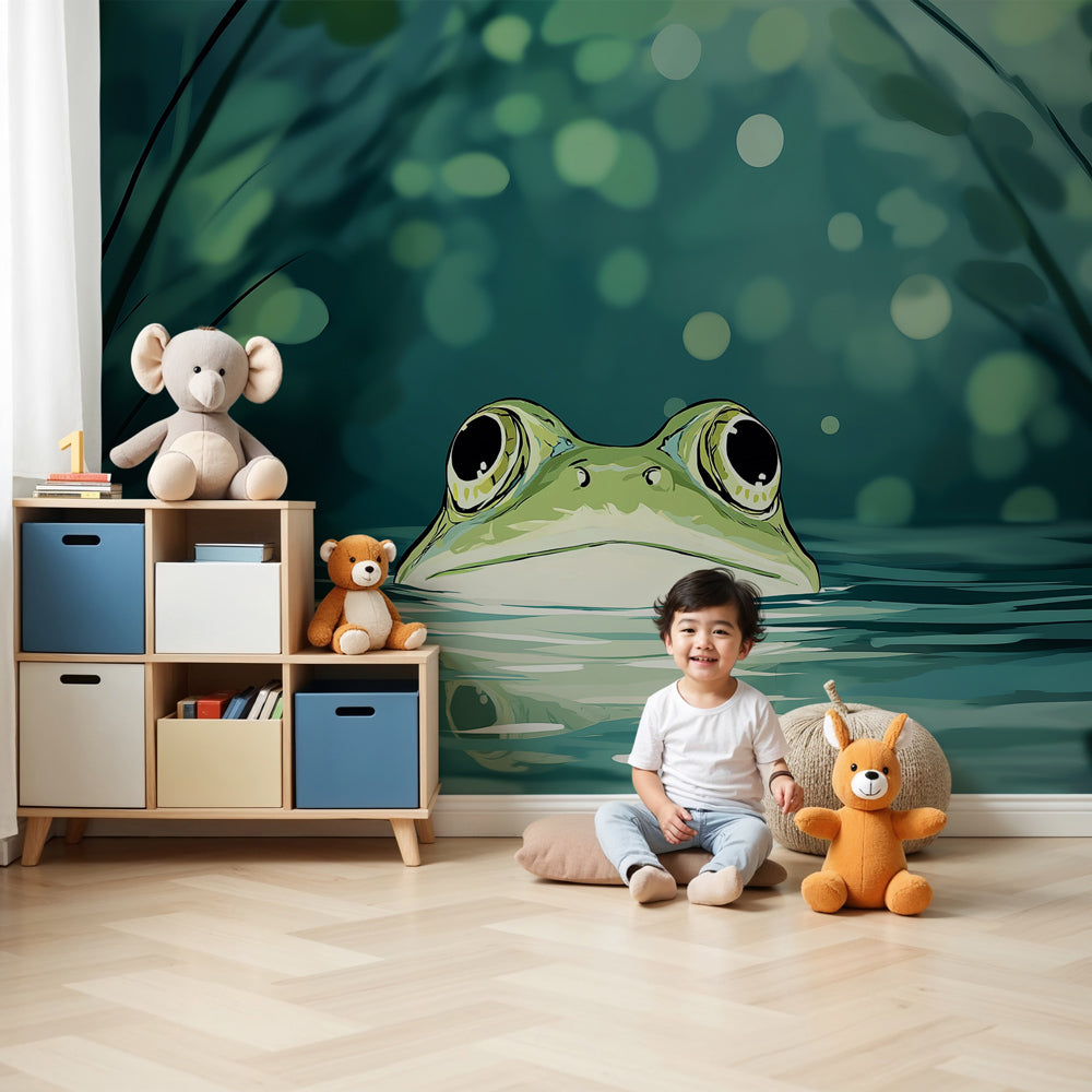 Frog pond mural wallpaper in modern nursery with natural wood furniture by Kids-Mundo