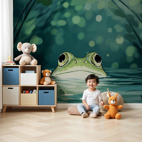 Frog pond mural wallpaper in modern nursery with natural wood furniture by Kids-Mundo