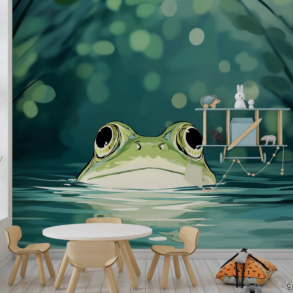 Nature-themed frog wallpaper transforming playroom into aquatic sanctuary for kids