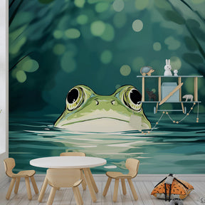 Nature-themed frog wallpaper transforming playroom into aquatic sanctuary for kids