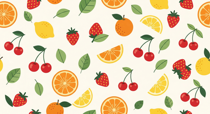 Kids-Mundo flat artwork of a repeating fruit pattern with strawberries, oranges, lemons and cherries on cream