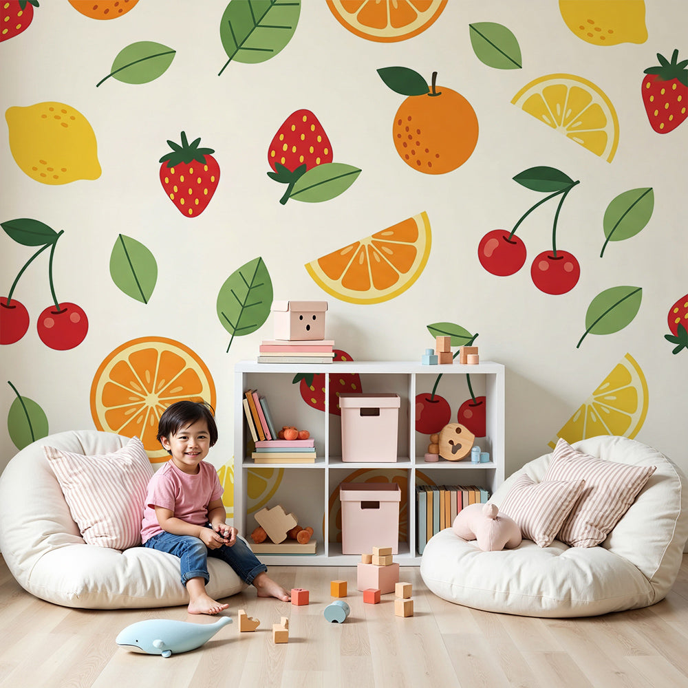 Kids-Mundo fruit pattern nursery wall mural behind a cot in a soft, sunlit baby's room
