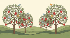 Detailed fruit trees mural wallpaper design pattern with colorful birds and pomegranates by Kids-Mundo