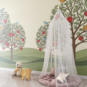 Botanical fruit trees mural wallpaper transforming children's playroom with birds and pomegranates