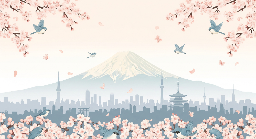 Kids-Mundo flat artwork preview of the cherry blossom and songbird wall mural design.